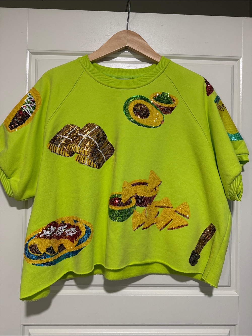 QUEEN OF SPARKLES Neon green Sequin Mexican Food Short Sleeve Sweatshirt